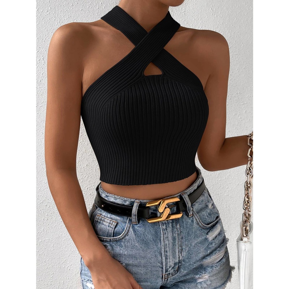 High neck ribbed knit Crisscross Halter Knit crop Top y2k cream - Picture 4 of 8